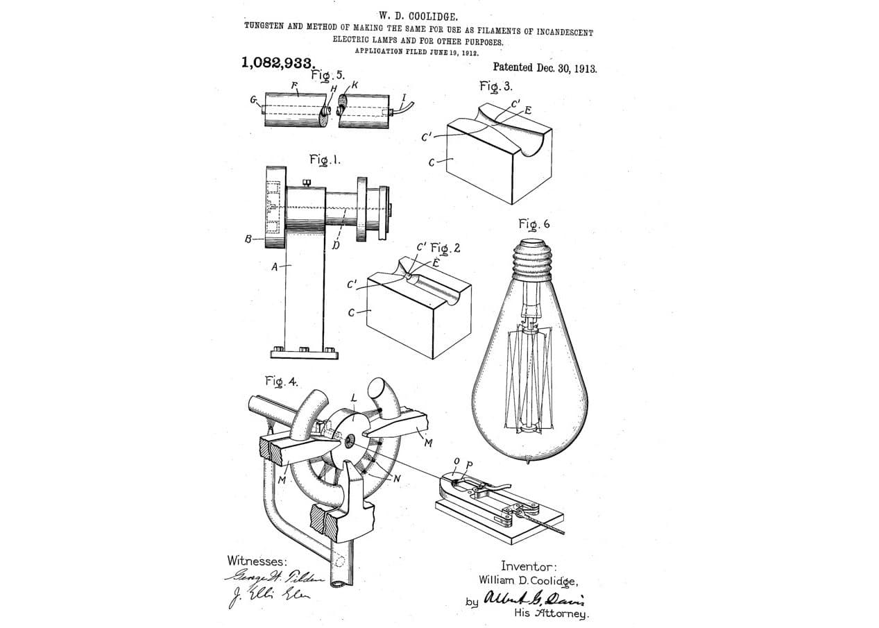 Ductile Tungsten Wire: Pressed, Sintered by Current, Swaged and Drawn Hot (Coolidge 1913)