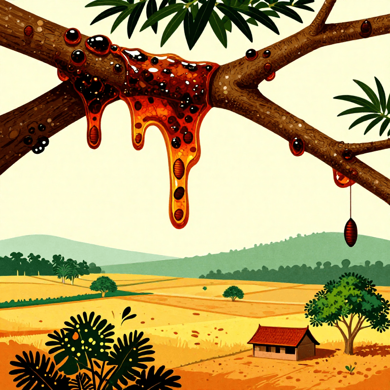 बारिश के पेड़ों से लाख रेजिन की कटाई — स्टिक लाख से शेलैक तक