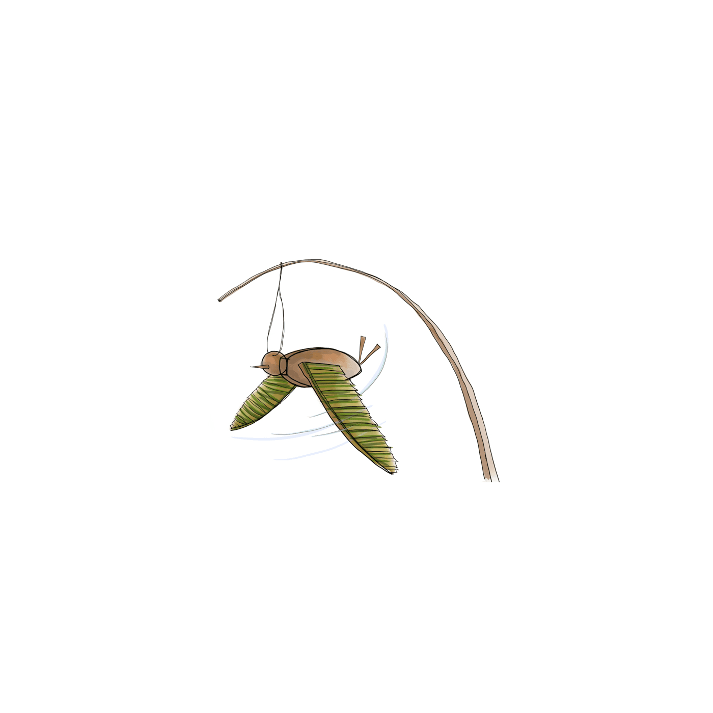 Nok Bin (Clay Bird on a Line) — a Fired Clay Bird Bored at the Head, Palm-Leaf Wings and Tail Set in Scored Slots, on a Taut String from a 2-Foot Bamboo Rod Bent Like a Fishing Rod; Released, It Quivers Down Like a Bird in Flight