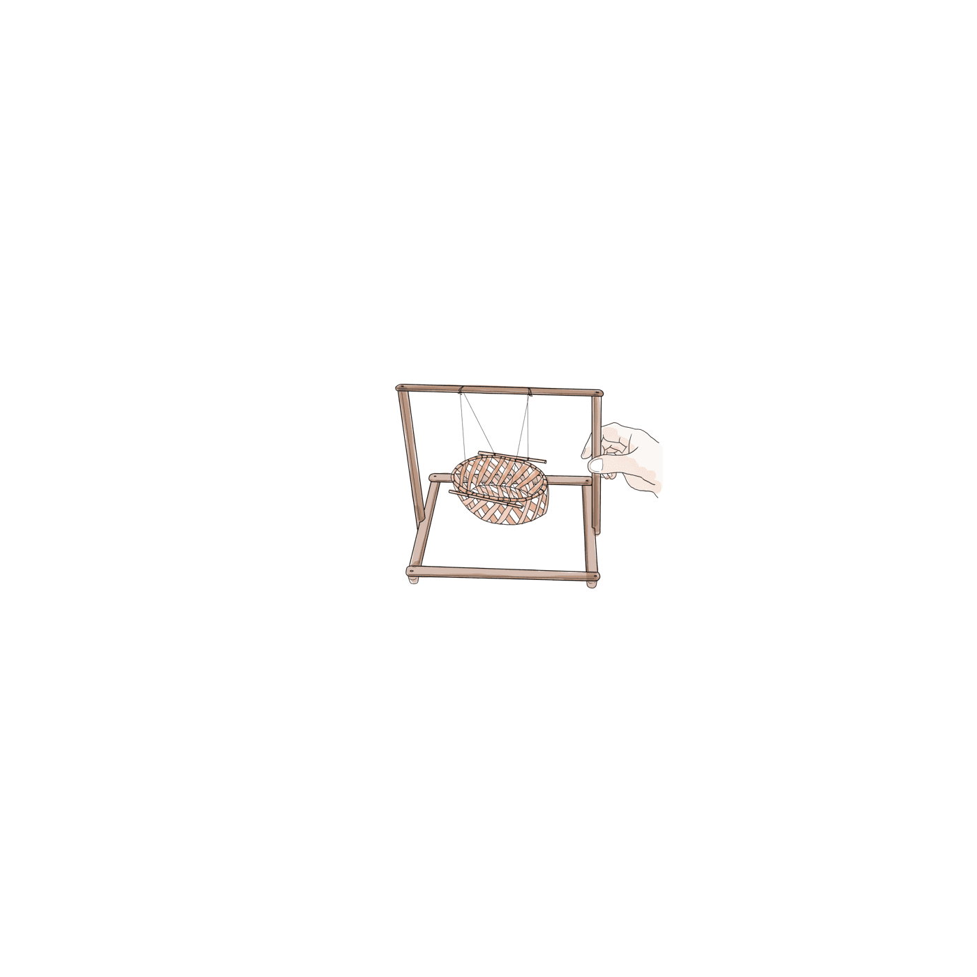 Plae Dek (Woven Toy Cradle) — a Tiny Open-Weave Bamboo-Strip Cradle with a Rattan- or Wire-Bound Rim, Hung by Thread at Four Corners from a Wooden Frame, with a Pull Thread to Rock It; Rock a Doll and Sing Lullabies