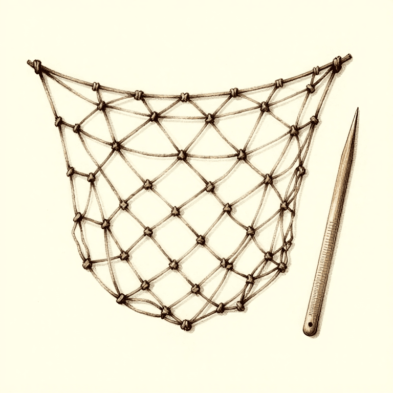 Knotting a Cord Fishing Net — Mesh Netting from Plant Fiber