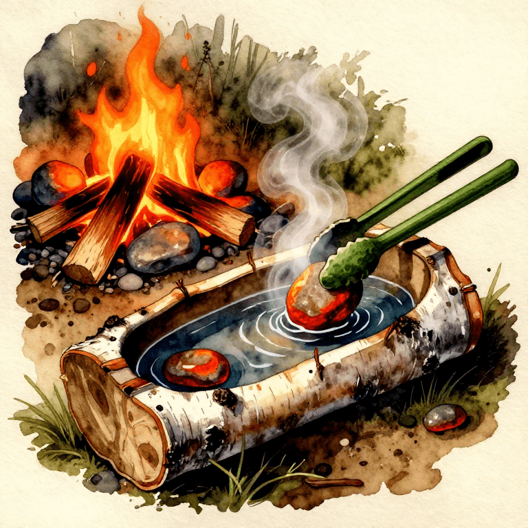 Boiling Water with Hot Stones in a Bark Container — Stone Boiling