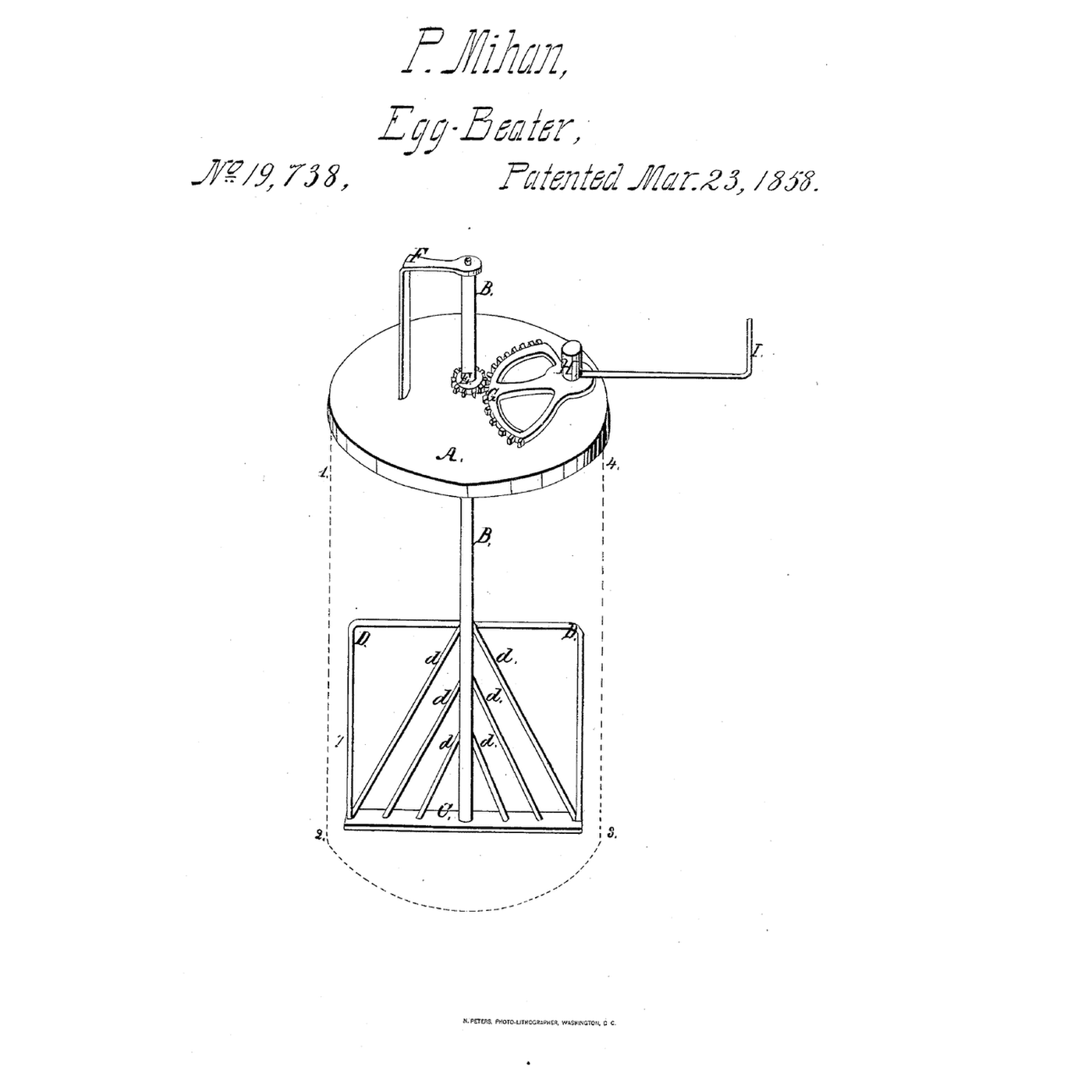 Sector-Pinion Egg Beater: A Short Swing of the Handle Whirls the Beaters Each Way