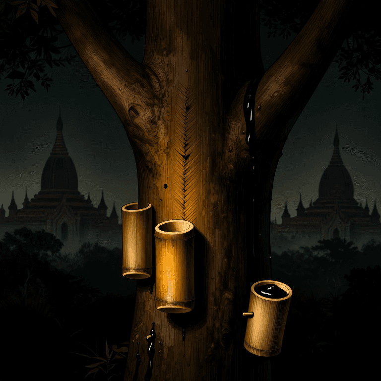 लाख निकालना — म्यांमार लाखे के बर्तनों के लिए प्राकृतिक लाख संग्रह