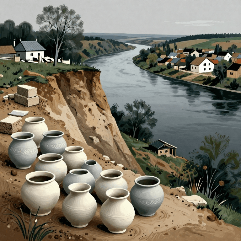 Sammeln von Töpferton von Flussufern — ukrainische Tradition der Opishnya-Keramik