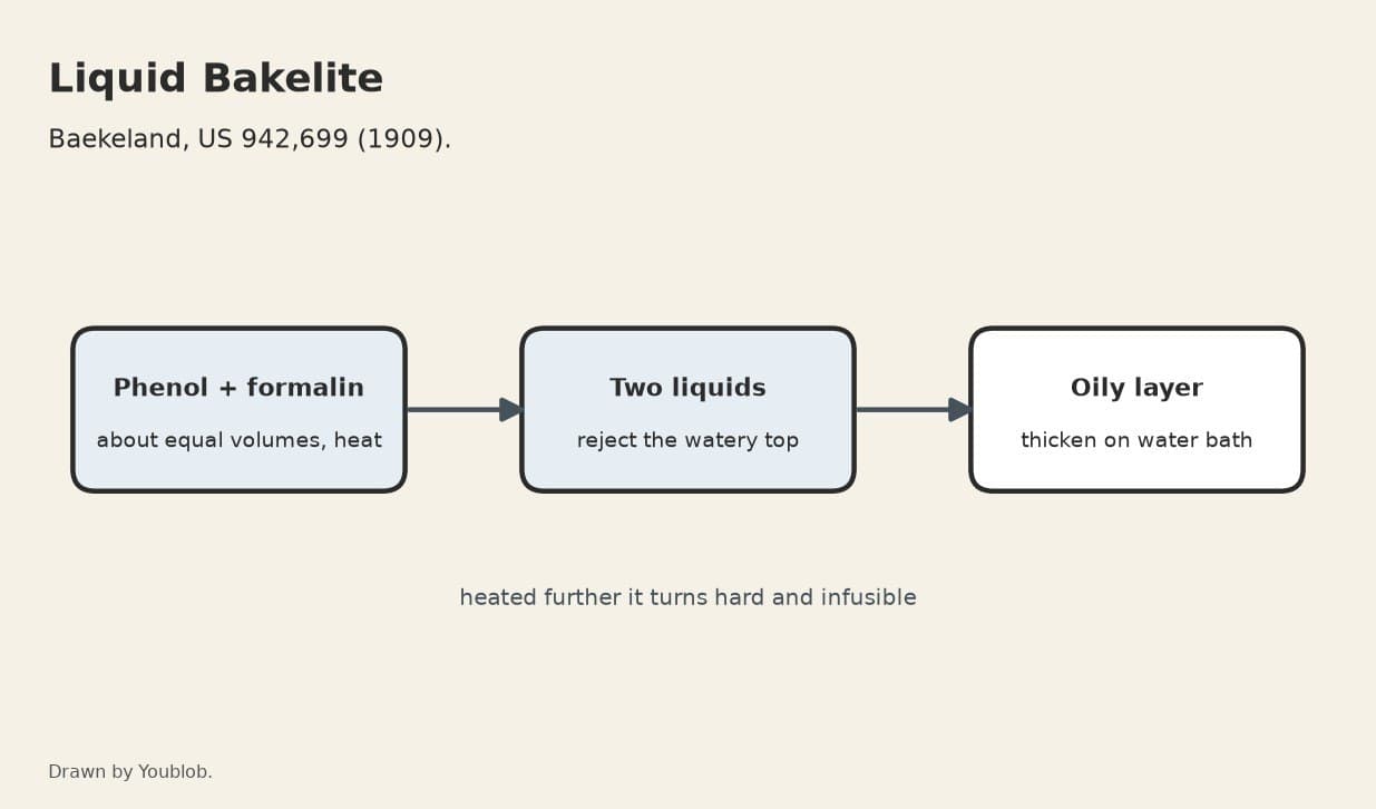 Liquid Bakelite: Phenol and Formalin Heated Together, the Oily Layer Kept (Baekeland 1909)
