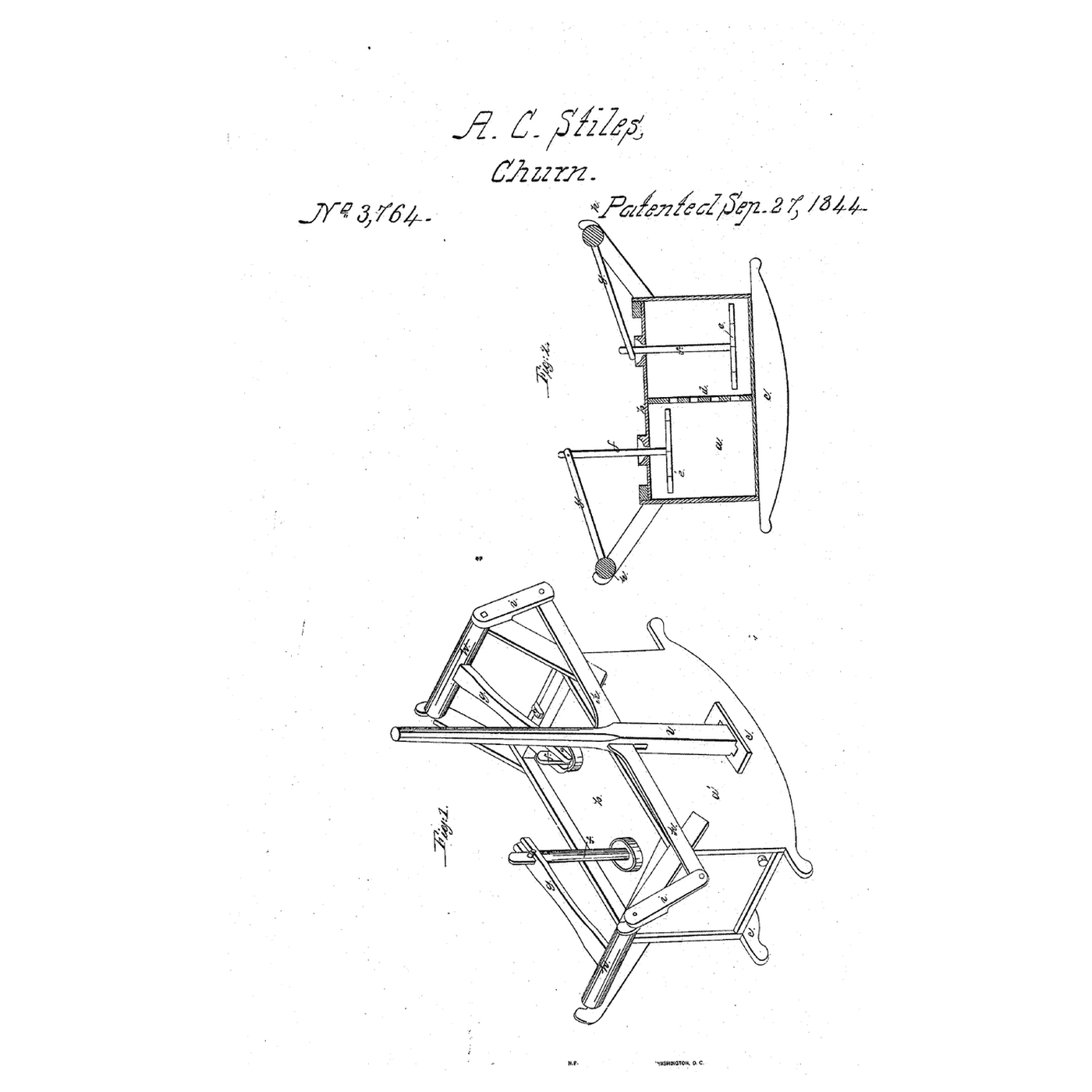 Rocking Twin-Dasher Lever Churn: One Lever Rocks the Box and Works Two Dashers Through a Perforated Wall
