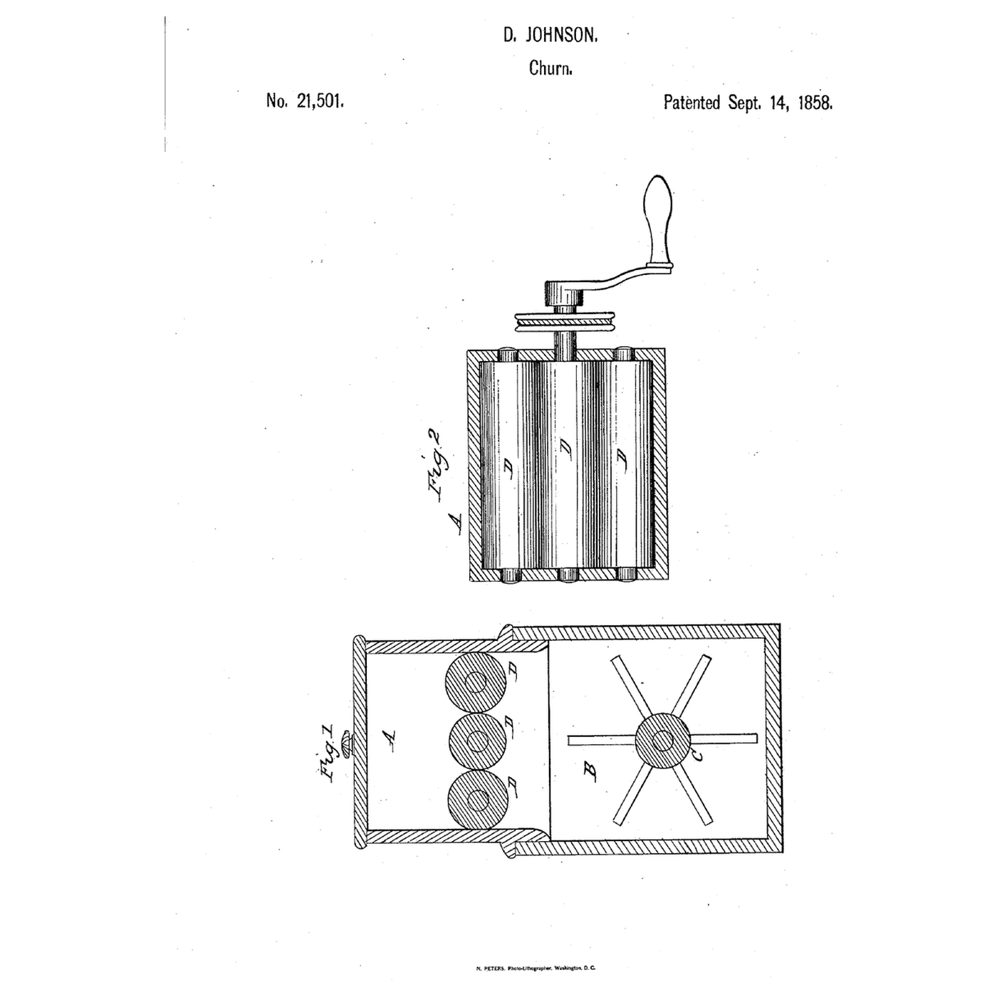 Three-Roller Pin-Agitator Churn: Cream Is Crushed Between Rollers, Then Beaten by Pins Below