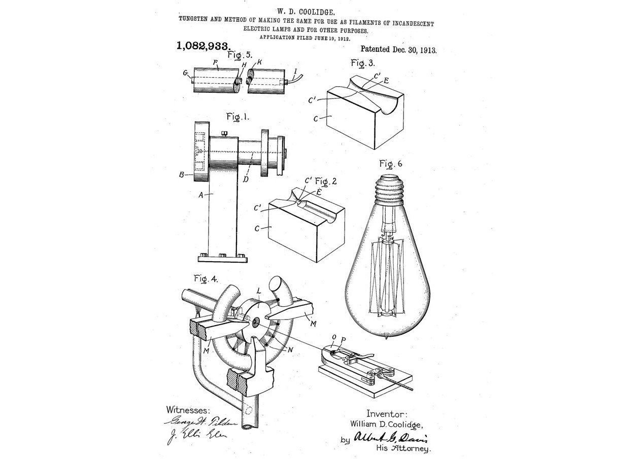 Ductile Tungsten Wire: Pressed, Sintered by Current, Swaged and Drawn Hot (Coolidge 1913)