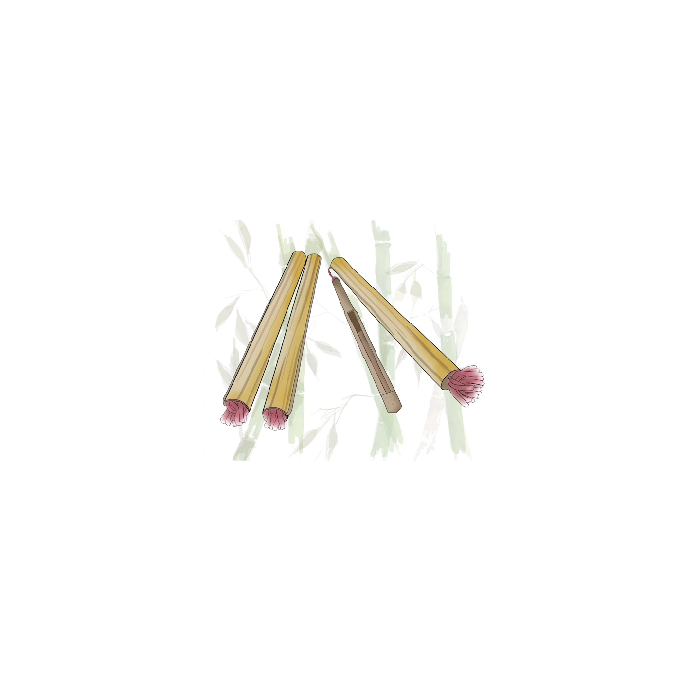 Jing Nong (Bamboo Mouth Harp) — Fully Mature Bamboo 1-2 Internodes Long, Shaved Flat and Thin, One Half Thinner, with a Long Oval Slot; Blow at the Slot and Flick the Thin End for a Rhythmic Twang