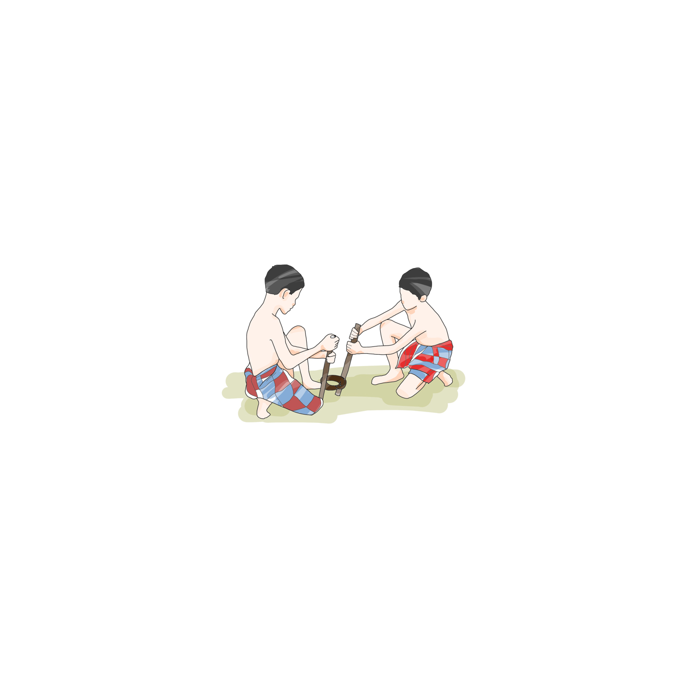 กะลาเขาควาย — เสี่ยวกะลามะพร้าวปลายแหลมสองข้าง สอดช่องไม้ปั่น ยึดด้วยครั่งหรือตะปู ปั่นด้วยฝ่ามือให้เขาเหวี่ยงชนกัน