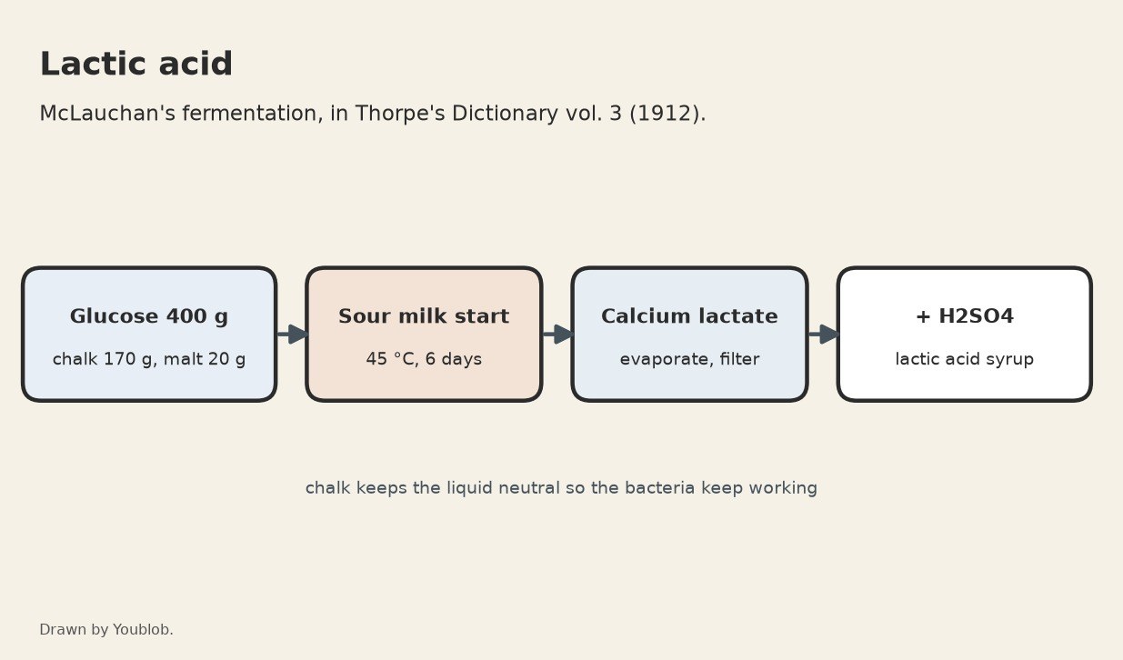 Lactic Acid: Glucose Fermented over Chalk, Freed with Sulphuric Acid