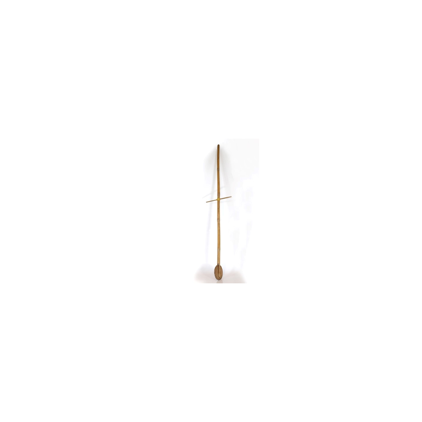 Lo Mai (Bamboo-Pole Push Wheel, Single Wheel) — a 1-3 Inch Hardwood Wheel in the Split, Wedged-Open End of a 1.5-2 m Bamboo Pole on a Through Axle, with a Cross Handle at Chest Height; Shouldered and Pushed at a Run