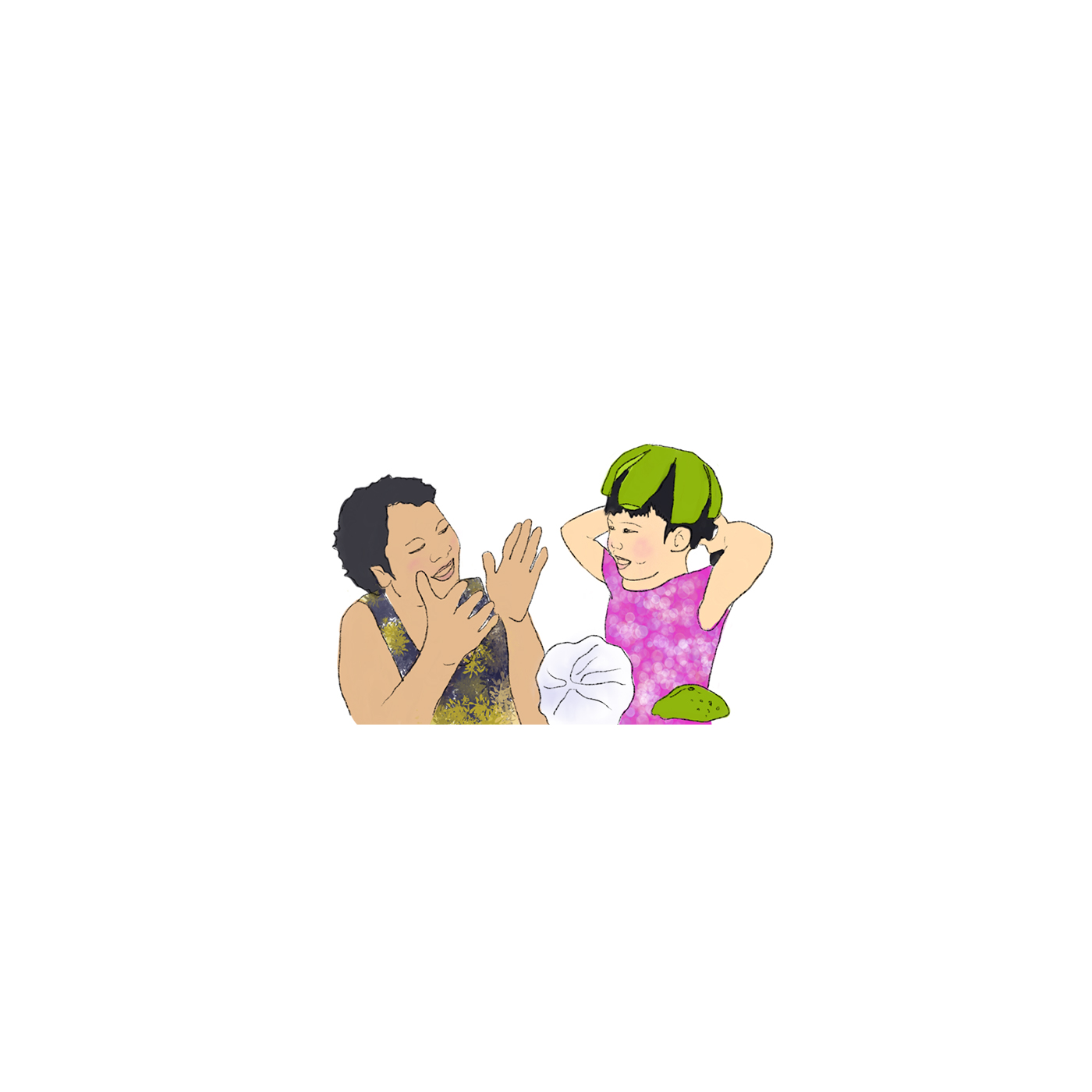 หมวกส้มโอ — ปอกเปลือกส้มโอแก่เป็นกลีบ 6-8 กลีบไม่ผ่าสุด แกะออกทั้งใบเป็นทรงกลม สวมหัว ตัดบางกลีบเป็นผมหน้าม้า