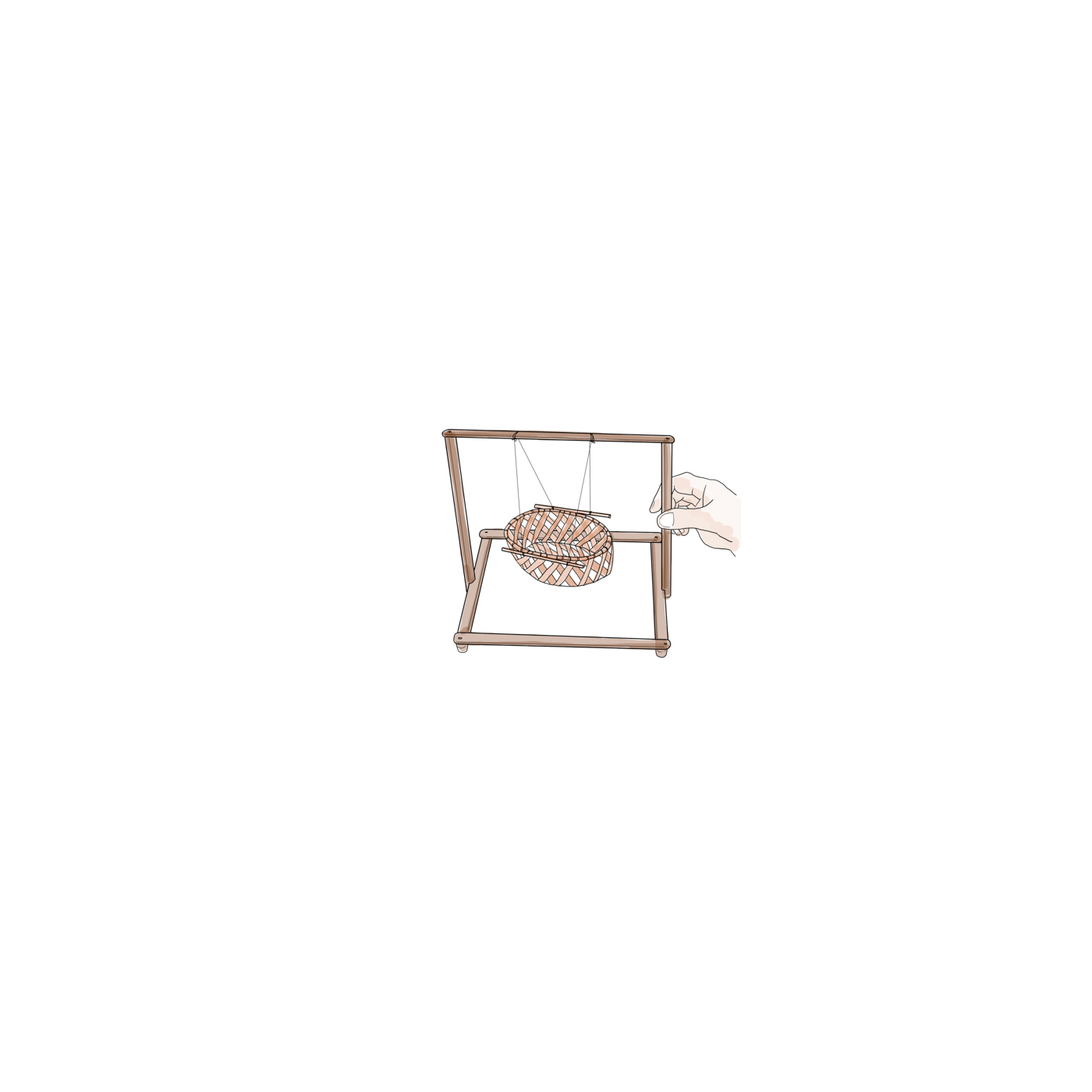 Plae Dek (Woven Toy Cradle) — a Tiny Open-Weave Bamboo-Strip Cradle with a Rattan- or Wire-Bound Rim, Hung by Thread at Four Corners from a Wooden Frame, with a Pull Thread to Rock It; Rock a Doll and Sing Lullabies