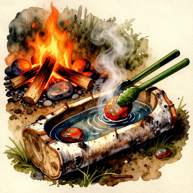 Boiling Water with Hot Stones in a Bark Container — Stone Boiling