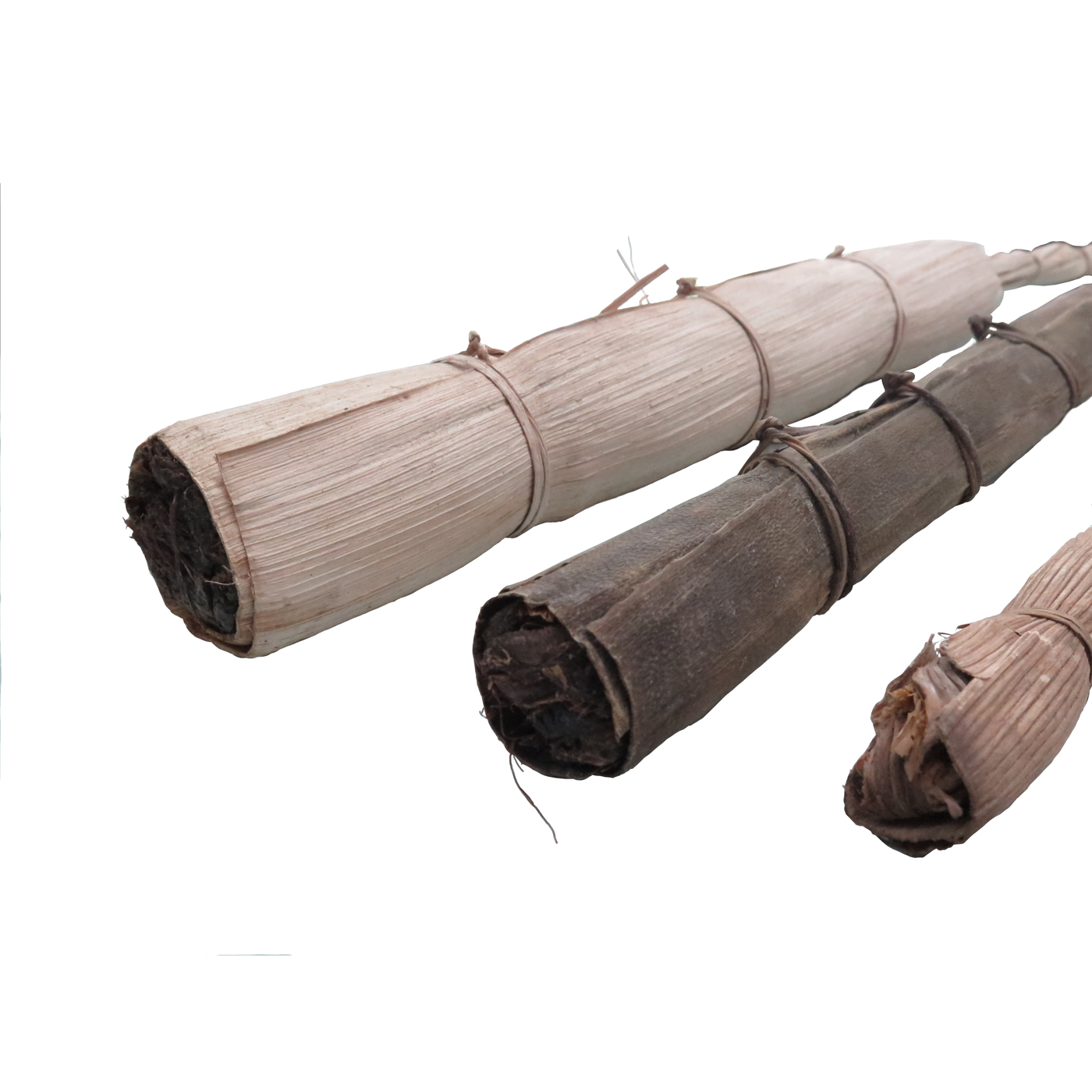 Tai (tocha tailandesa de resina) — casca de Melaleuca misturada com óleo de yang, envolta em bainha de areca e atada em segmentos, para dar luz