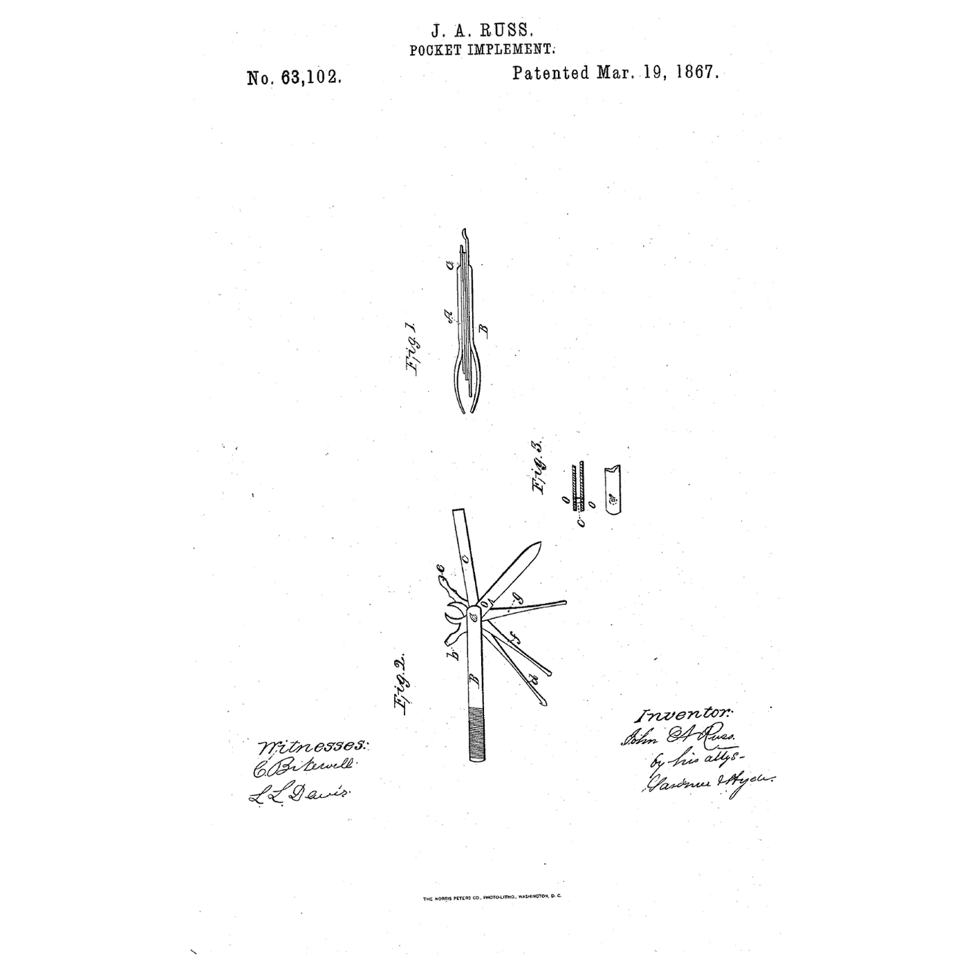 The Tweezer Pocket Implement: Knife, Rule, Hook, Calipers and File Hung Inside a Pair of Tweezers